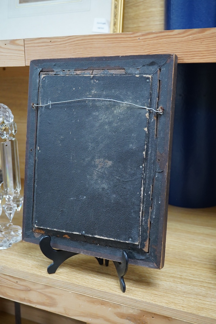 A Limoges plaque depicting a portrait of Saint Fabiola after Jean-Jacques Henner, framed, 29cm high